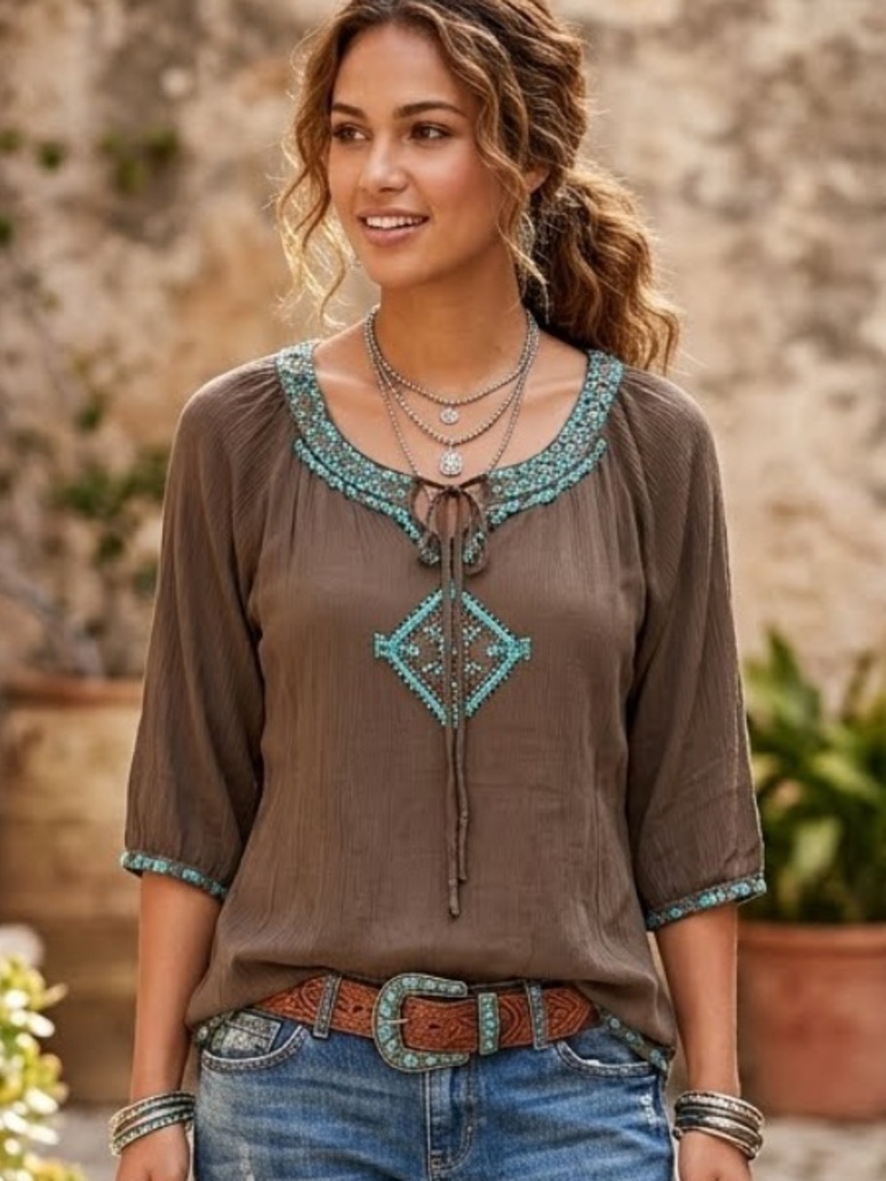 Urban Mangoz Bohemian Peasant Top Embroidered Brown/Teal Southwestern Festival M